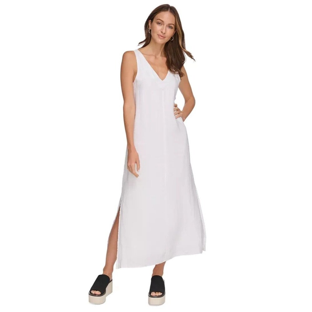 DKNY Breathable Soft Linen A Line Summer Dress Women's Sz S Side Slits Lagenlook